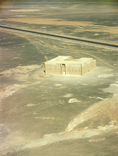 Qasr al-Kharanah, eighth century Umayyad palace, aerial photograph, Jordan