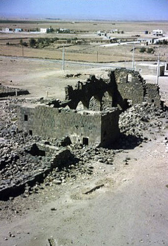 Umm el-Jimal, originally Nabataean city, taken over by Romans, Byzantines, Umayyads and Abbasids, built of basalt, west church, aerial, Jordan