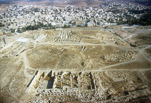 Churches of SS Cosmas and Damian, St John the Baptist and St George, aerial photograph, Jerash, Jordan