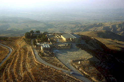 Mount Nebo, from where Moses shown promised land, Byzantine church, aerial photograph Jordan
