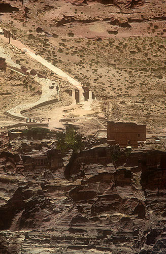 Qasr al-Bint colonnaded street and arched gate, aerial photograph, Petra, Jordan