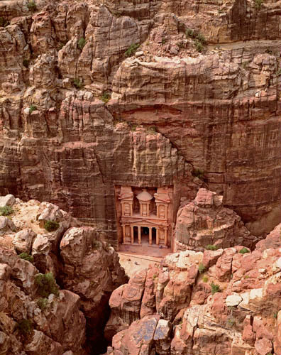 Treasury (Khazneh) Ist century BC-AD, carved into rock face opposite Siq, aerial, Petra, Jordan