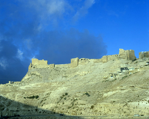 Kerak Crusader Castle, built by the Crusaders in 1140, situated 10 miles south of the Dead Sea peninsula, aerial photo, Kerak, Jordan