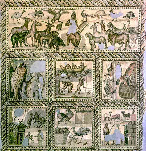 Orpheus and the animals, goats, fishing and farming scenes, third century, Roman mosaic, Tripoli, Libya