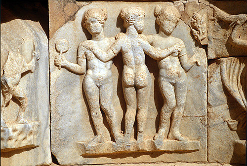 Libya, Sabratha, 2nd century AD, detail of the three Graces, relief at stage front