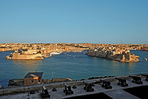 Three Cities, Fort St Angelo, Vittoriosa, left, circa 1200, restored in sixteenth century, Senglea, right, and Cospicua, behind, seen across Grand Harbour,  Malta