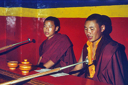 Buddhist monks with long trumpets, Kathmandu, Nepal