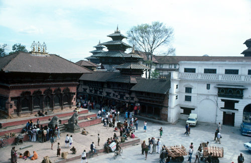 Nepal Kathmandu Shiva Parvati Temple left built in 1790 and the Royal Palace