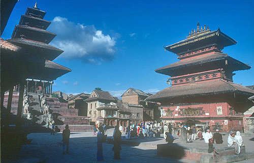 Nyatapola temple, 1701, left, and Bhairavnath temple, 1717, right, Taumadhi Square, Bhaktapur, Nepal