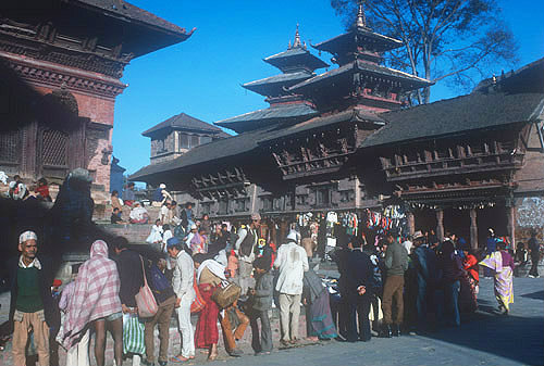 Old Royal Palace, detail, sixteenth century, and market, Kathmandu, Nepal