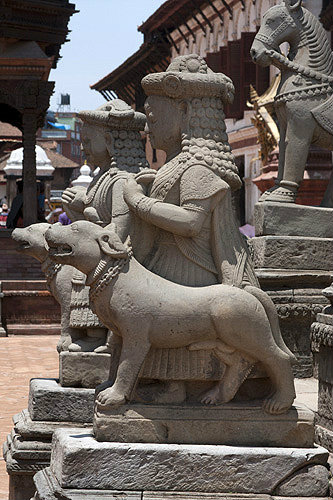 One of a pair of figures at foot of steps to Siddhi Lakshmi Temple, seventeenth century, Durbar Square, Bhaktapur, Nepal
