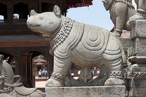 One of a pair of hippos on steps to Siddhi Lakshmi Temple, seventeenth century, constructed of stone, Durbar Square, Bhaktapur, Nepal