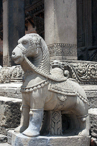 One of pair of camels on steps to Siddhi Lakshmi Temple, seventeenth century, constructed of stone, Durbar Square, Bhaktapur, Nepal