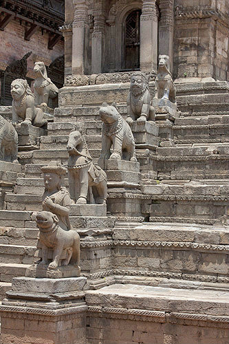 Stone figures on steps leading to Siddhi Lakshmi Temple, seventeenth century, Durbar Square, Bhaktapur, Nepal