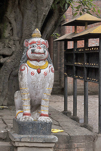Painted lion figure guarding temple, Bhaktapur, Nepal