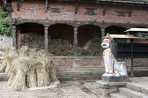 Painted lion figure guarding temple, Bhaktapur, Nepal