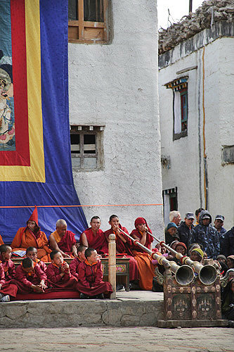 Tibetans blowing long horns, Tiji Festival,  Lomanthang, Upper Mustang, Nepal