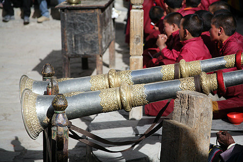 Tibetan horns, Tiji Festival, Lomanthang, Upper Mustang, Nepal
