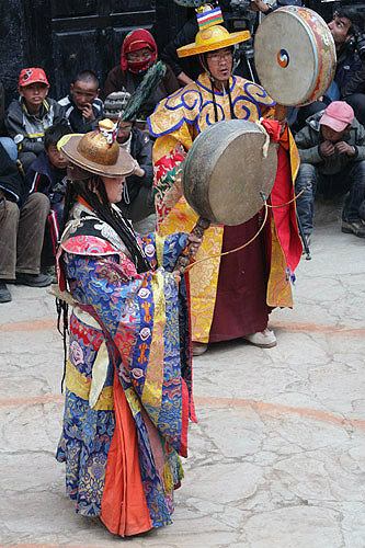 Drummers in traditional costume, Tiji Festival, Lomanthang, Upper Mustang, Nepal