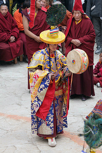 Drummer in traditional costume, Tiji Festival, Lomanthang, Upper Mustang, Nepal