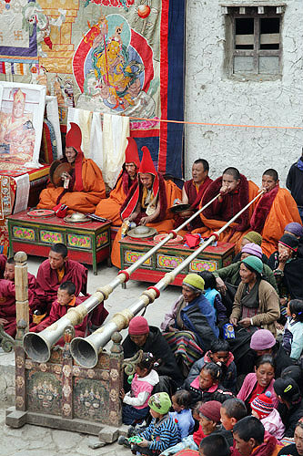 Players of traditional Tibetan long horns, Tiji Festival, Lomanthang, Upper Mustang, Nepal