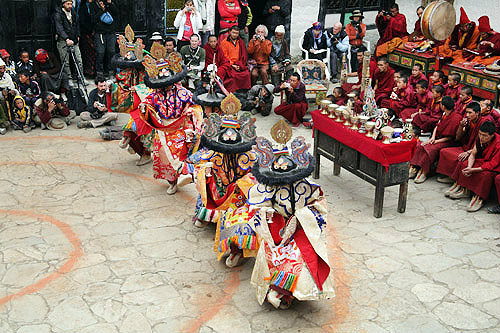 Dancers in traditional costume, Tiji Festival, Lomanthang, Upper Mustang, Nepal