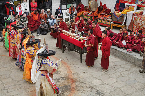 Dancers in traditional costume, Tiji Festival, Lomanthang, Upper Mustang, Nepal