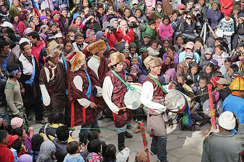 Fur-hatted drummers, Tiji Festival, Lomanthang, Upper Mustang, Nepal