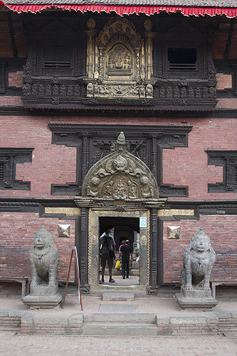 Lion figures guarding entrance, Durbar Square, Bhaktapur, Nepal