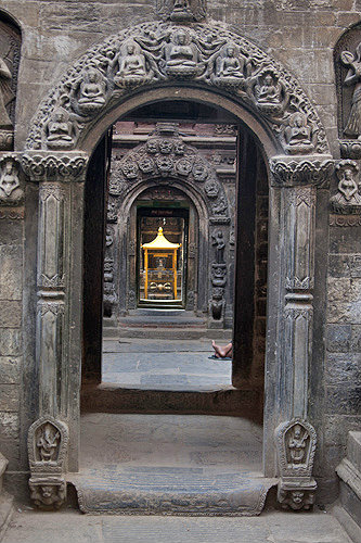 Elaborately carved stone doorway to shrine, Durbar Square, Bhaktapur, Nepal