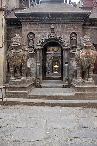 Animal figures guarding entrance to shrine, Durbar Square, Patan, Nepal