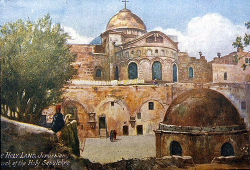 Church of the Holy Sepulchre, rear view, Jerusalem, old postcard, at that time Palestine, now Israel