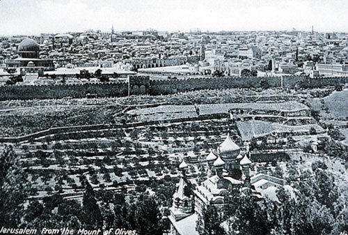 Dome of the Rock, and Golden Gate seen from Mount of Olives, circa 1920, old postcard, Jerusalem, at that time Palestine, now Israel