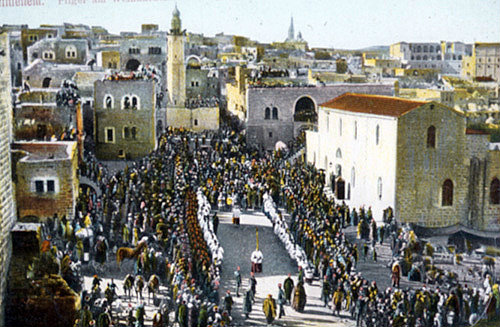 Christmas day procession, circa 1908, old postcard, Bethlehem, Palestine