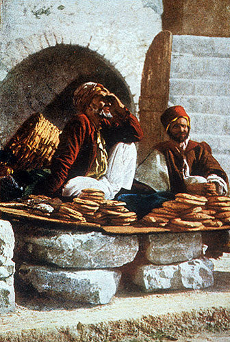 Bakers selling bread, circa 1906, old postcard, Jerusalem, at that time Palestine, now Israel