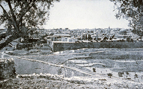 South eastern end of city wall, seen across Kidron Valley from Mount of Olives, 1923, old postcard, Jerusalem, at that time Palestine, now Israel