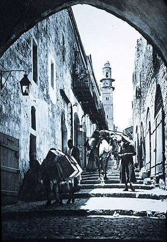 Old street leading up to Golgotha, circa 1910, old postcard, Jerusalem, Palestine