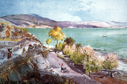 Sea of Galilee, shore line near Capernaum, painted by John Fulleylove, circa 1908,  Palestine