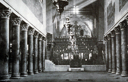 Church of the Nativity, interior showing Byzantine columns, circa 1910, old postcard, Bethlehem, Palestine