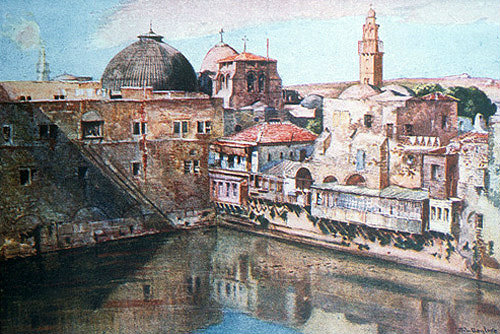 Pool of Hezekiah, Church of the Holy Sepulchre beyond, painted by John Fulleylove, circa 1908, Jerusalem, at that time Palestine, now Israel