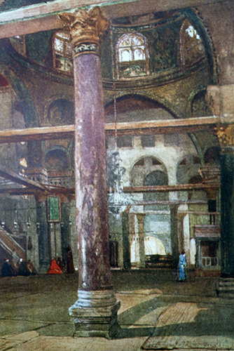 El Aksa mosque interior, looking east, Byzantine columns, painted by John Fulleylove, circa 1908, Jerusalem, at that time Palestine, now Israel
