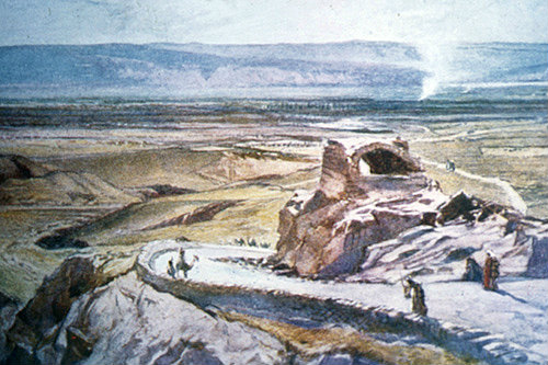 Road from Jerusalem to Jericho, oil mill in foreground, painted by John Fulleylove, circa 1908, Palestine