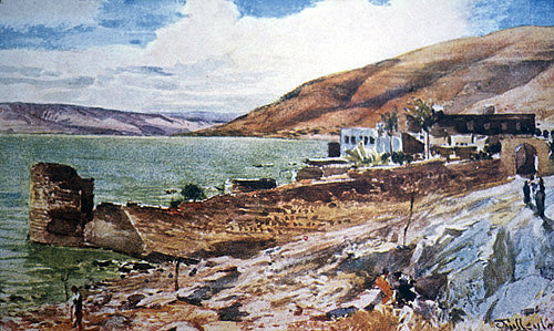 Tiberias, city walls from east, Sea of Galilee and Hills of Moab on left, watercolour by John Fulleylove circa 1910, Palestine