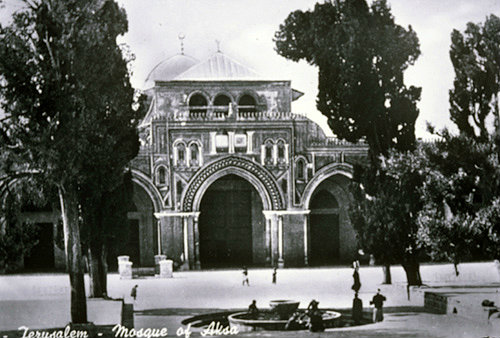 El Aksa Mosque and fountain, seen from Temple area, circa 1920, old postcard, Jerusalem, at that time Palestine, now Israel