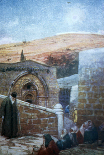 Chapel of the tomb of the Virgin at the foot of Mount of Olives, leper women in foreground, circa 1908, Jerusalem, at that time Palestine, now Israel