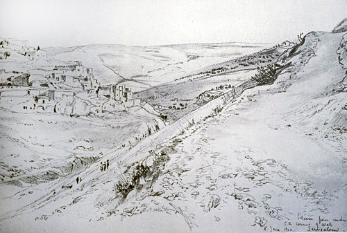 Southern end of the Kidron Valley, Silwan on left, Siloam on right, drawing circa 1910, Jerusalem, Palestine