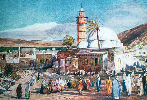 Mosque with Sea of Galilee beyond, painted by John Fulleylove, circa 1908, Tiberias, Palestine