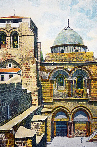 Church of Holy Sepulchre, bell tower and south door, circa 1910, old postcard, Jerusalem, at that time Palestine, now Israel