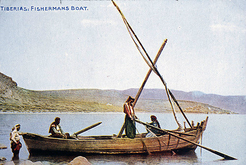 Fishing boat on Sea of Galilee, circa 1920, old postcard, Tiberias, Galilee, Palestine