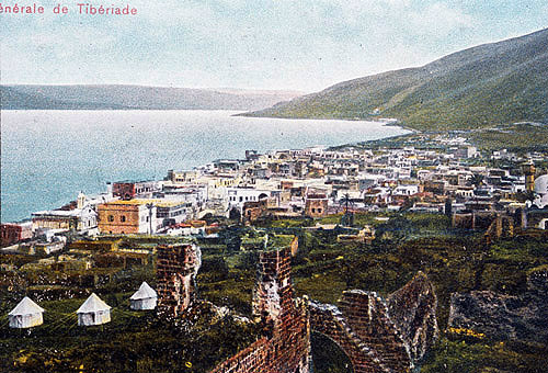 Tiberias, a view over the city with Sea of Galilee in the background, old postcard, Jerusalem, at that time Palestine, now Israel